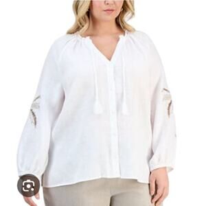 Macys L Womens Lightweight Breathable Peasant Top Embroidered Palm Tree